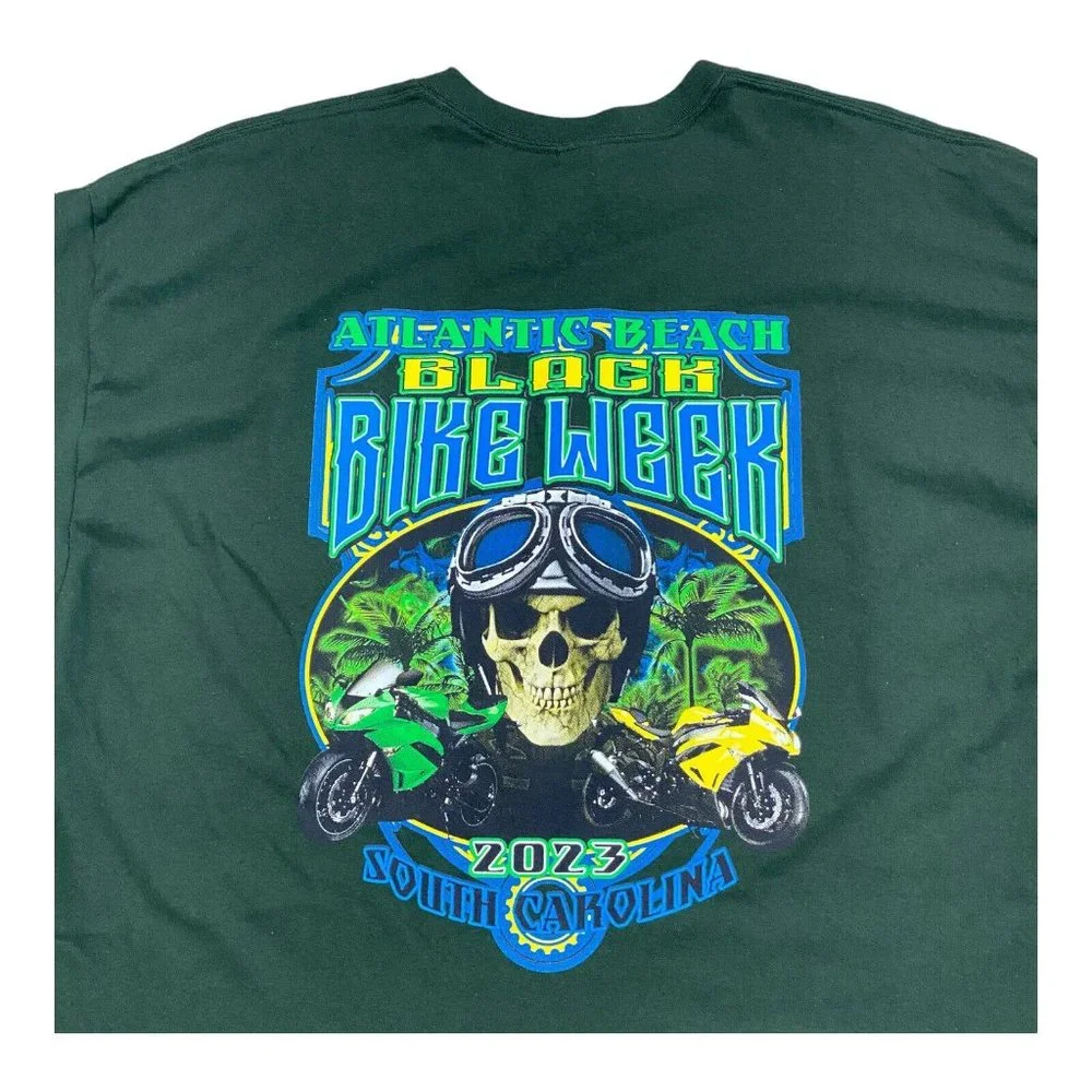 Black Bike‎ Fest 2023 T-Shirt XL Atlantic Beach SC Green Skeleton Goggles NWOT - Picture 3 of 7